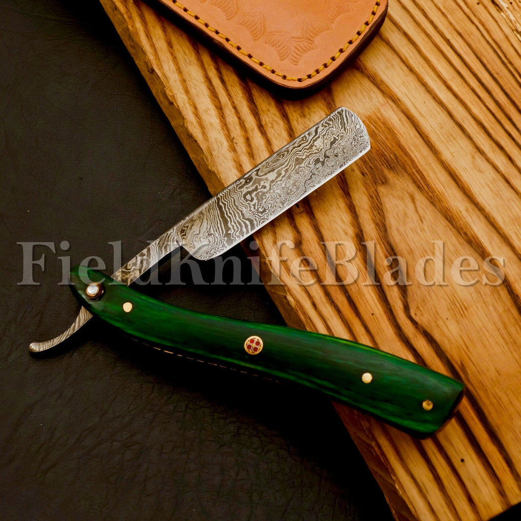 Personalized Damascus Folding Pocket Custom Blade Straight Razor very sharp with leather sheath