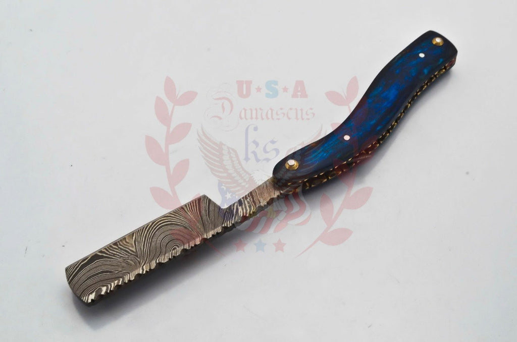 Personalized Damascus Folding Pocket Custom Blade Straight Razor very sharp with leather sheath