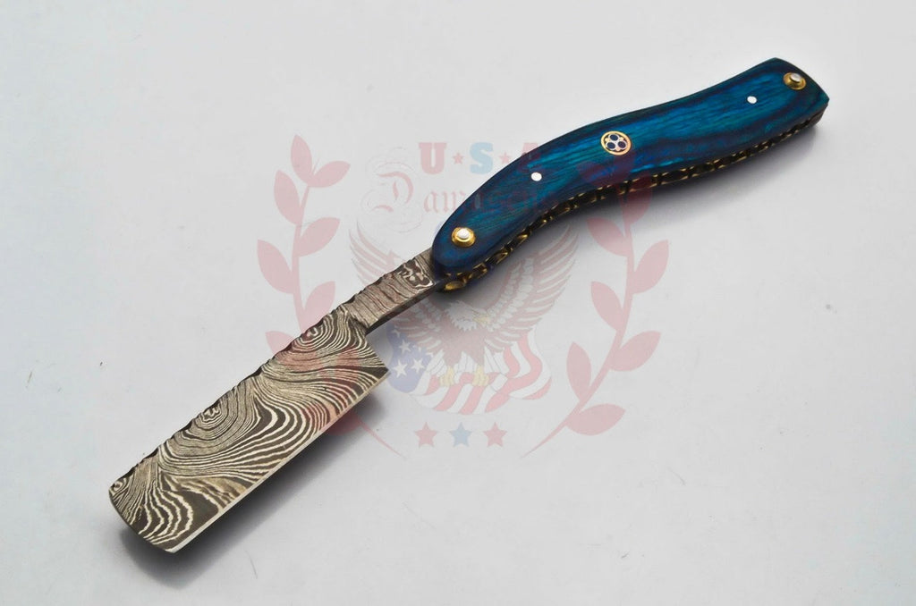 Personalized Damascus Folding Pocket Custom Blade Straight Razor very sharp with leather sheath