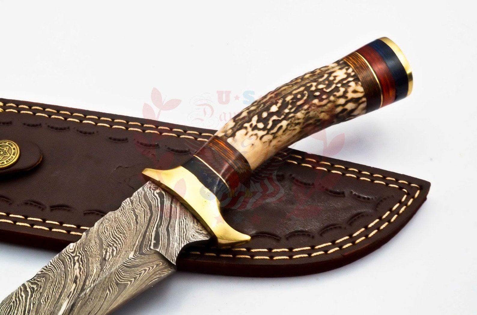 Personalized 10 inch Damascus Steel Hunting knife Handle Deer Antler W leather Cover