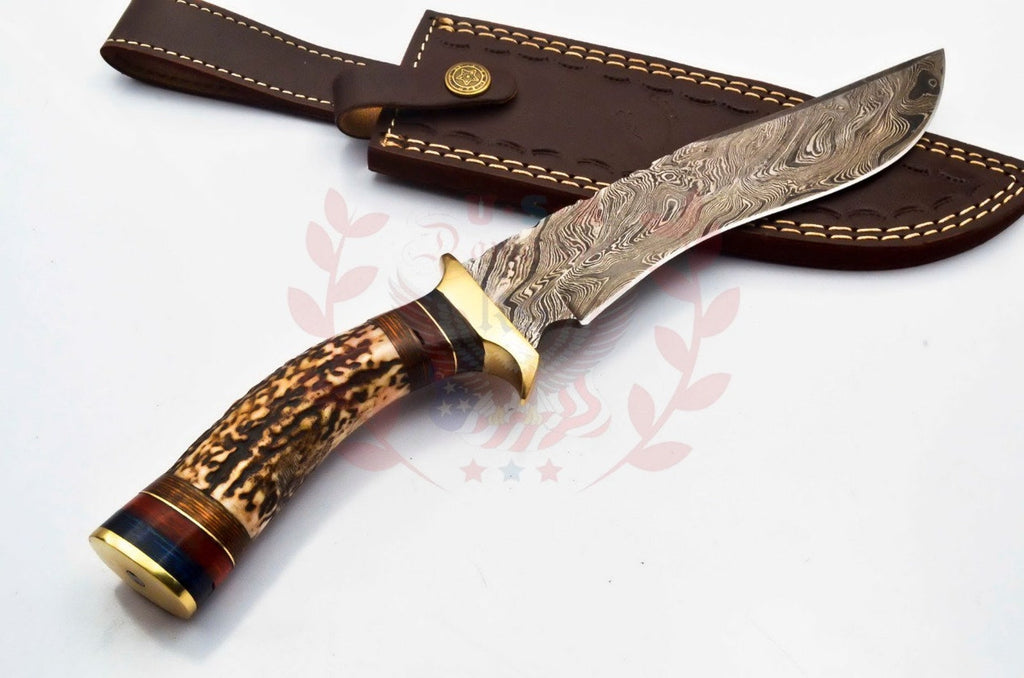 Personalized 10 inch Damascus Steel Hunting knife Handle Deer Antler W leather Cover