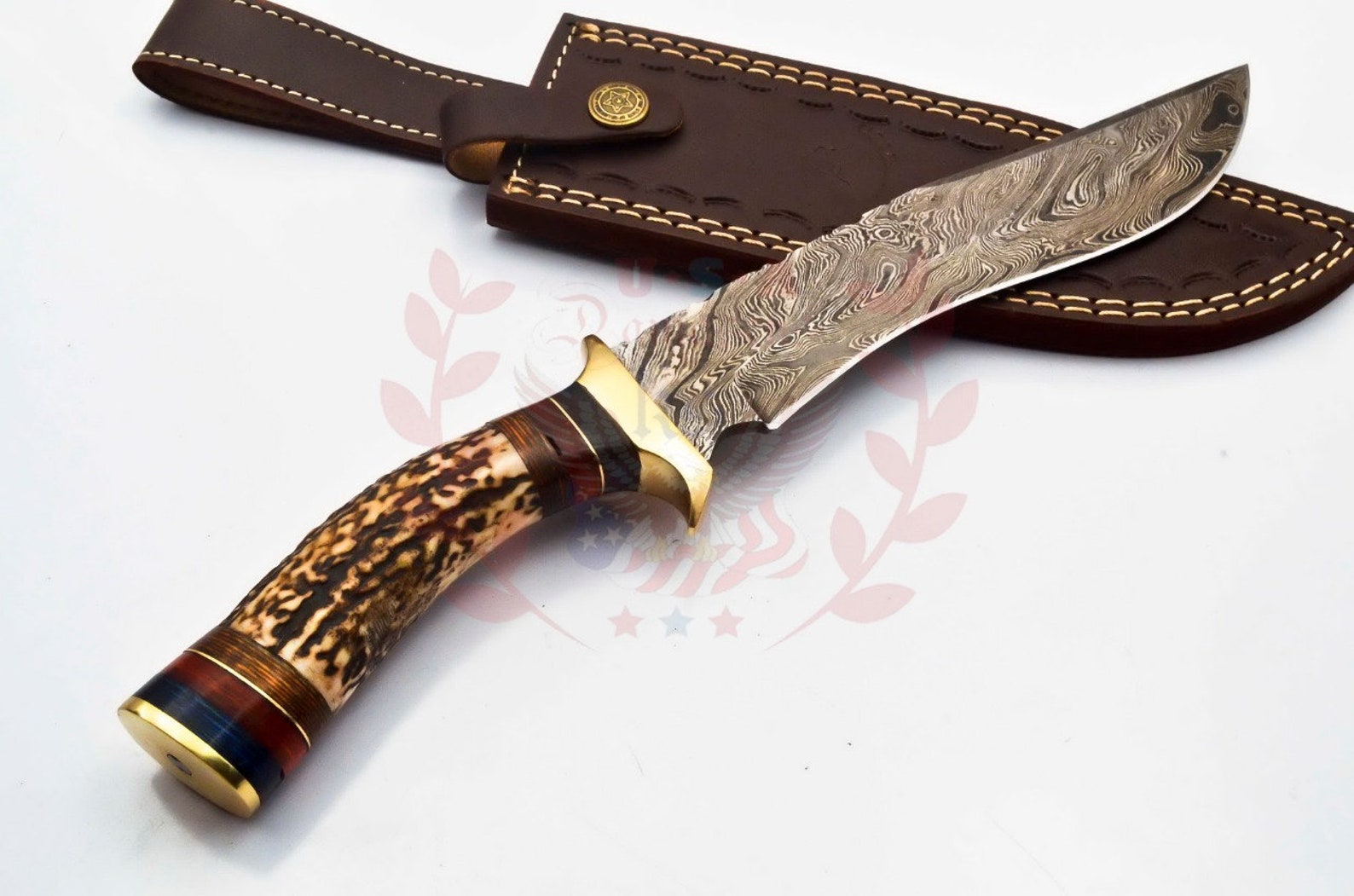 Personalized 10 inch Damascus Steel Hunting knife Handle Deer Antler W leather Cover