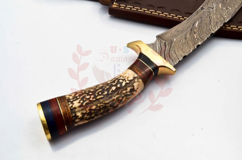 Personalized 10 inch Damascus Steel Hunting knife Handle Deer Antler W leather Cover