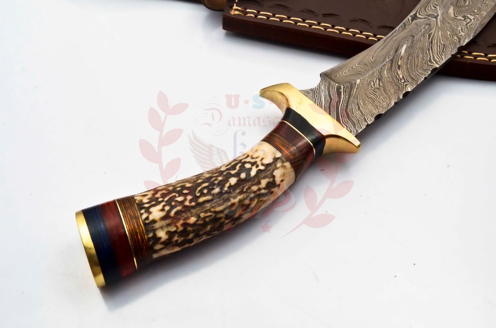 Personalized 10 inch Damascus Steel Hunting knife Handle Deer Antler W leather Cover