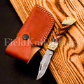 Custom Hand Forged Damascus knife with Damascus handle with Leather Cover Camping Hunting Folding Knife Liner lock (Copy)