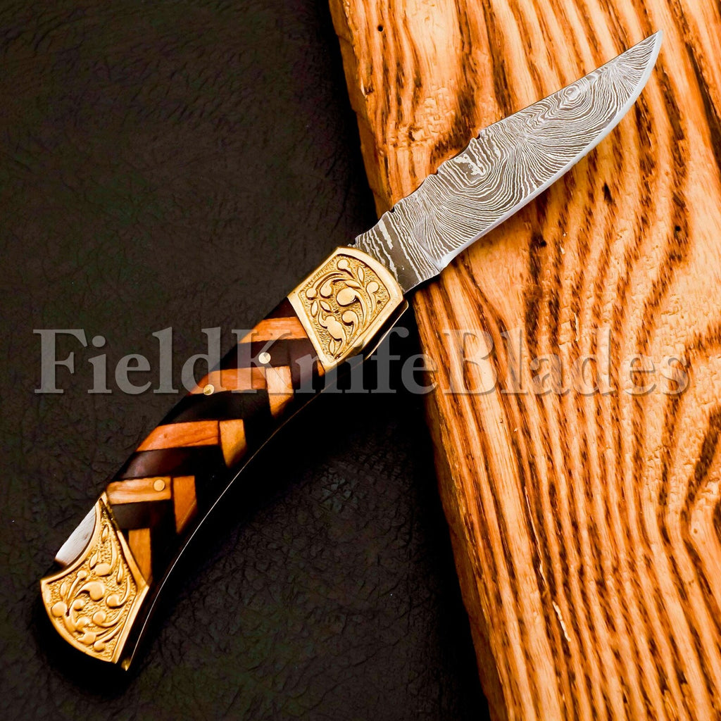 Custom Hand Forged Damascus knife with Damascus handle with Leather Cover Camping Hunting Folding Knife Liner lock (Copy)