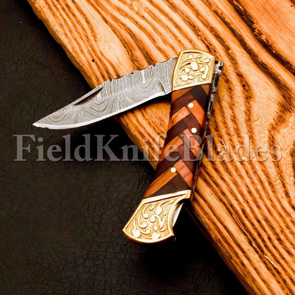 Custom Hand Forged Damascus knife with Damascus handle with Leather Cover Camping Hunting Folding Knife Liner lock (Copy)