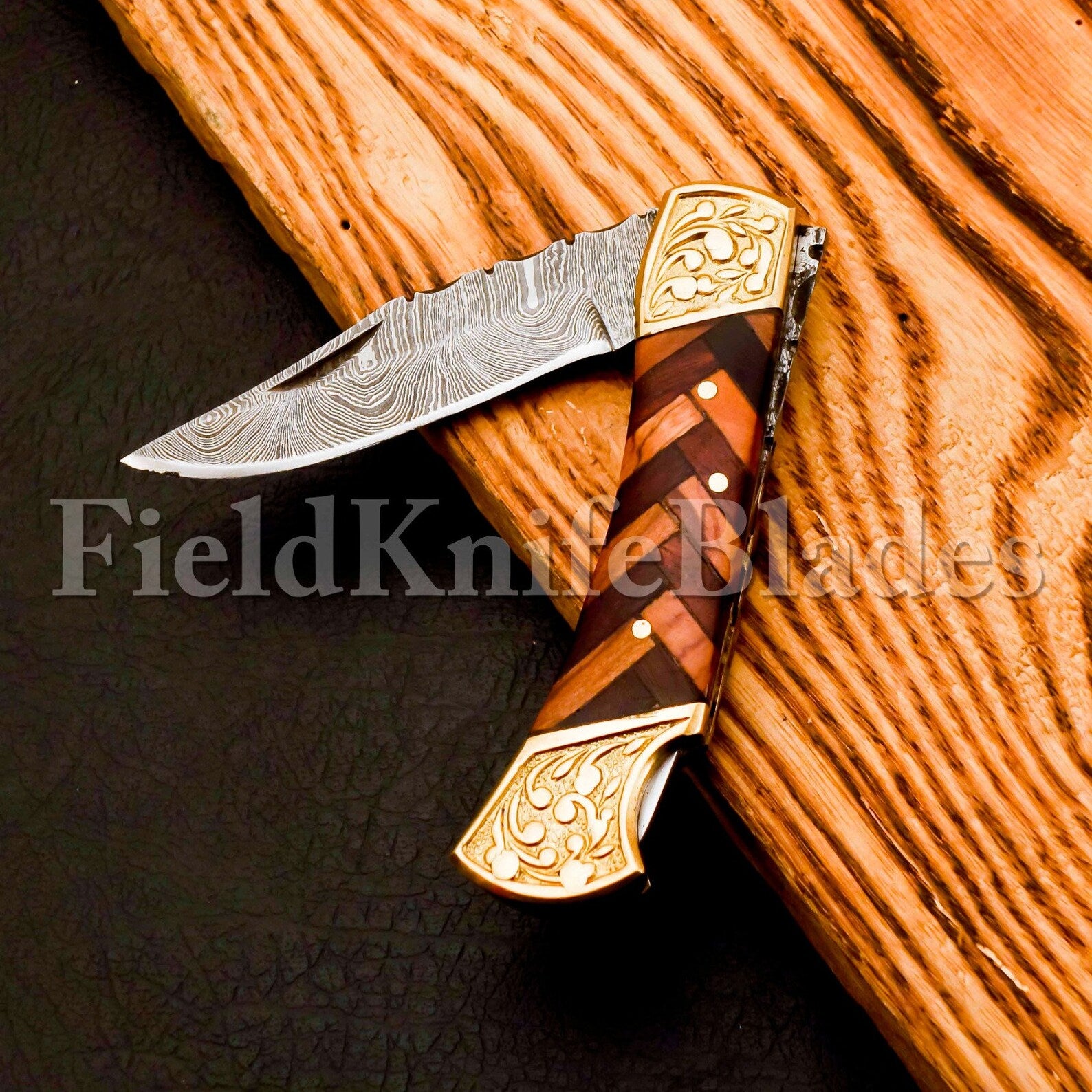Custom Hand Forged Damascus knife with Damascus handle with Leather Cover Camping Hunting Folding Knife Liner lock (Copy)