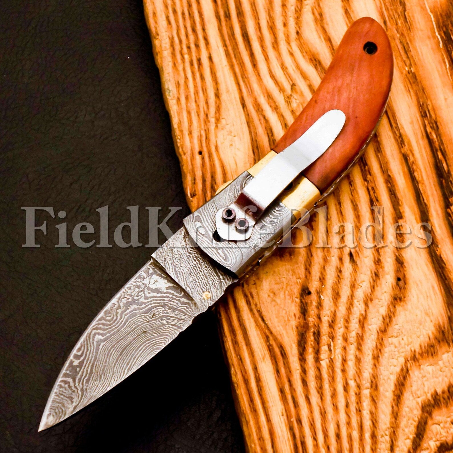 Custom Hand Forged Damascus knife Olive Wood handle with Leather Cover Camping Hunting Folding Knife Groomsmans Gift