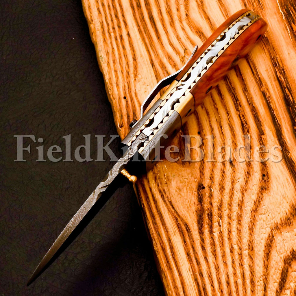 Custom Hand Forged Damascus knife Olive Wood handle with Leather Cover Camping Hunting Folding Knife Groomsmans Gift