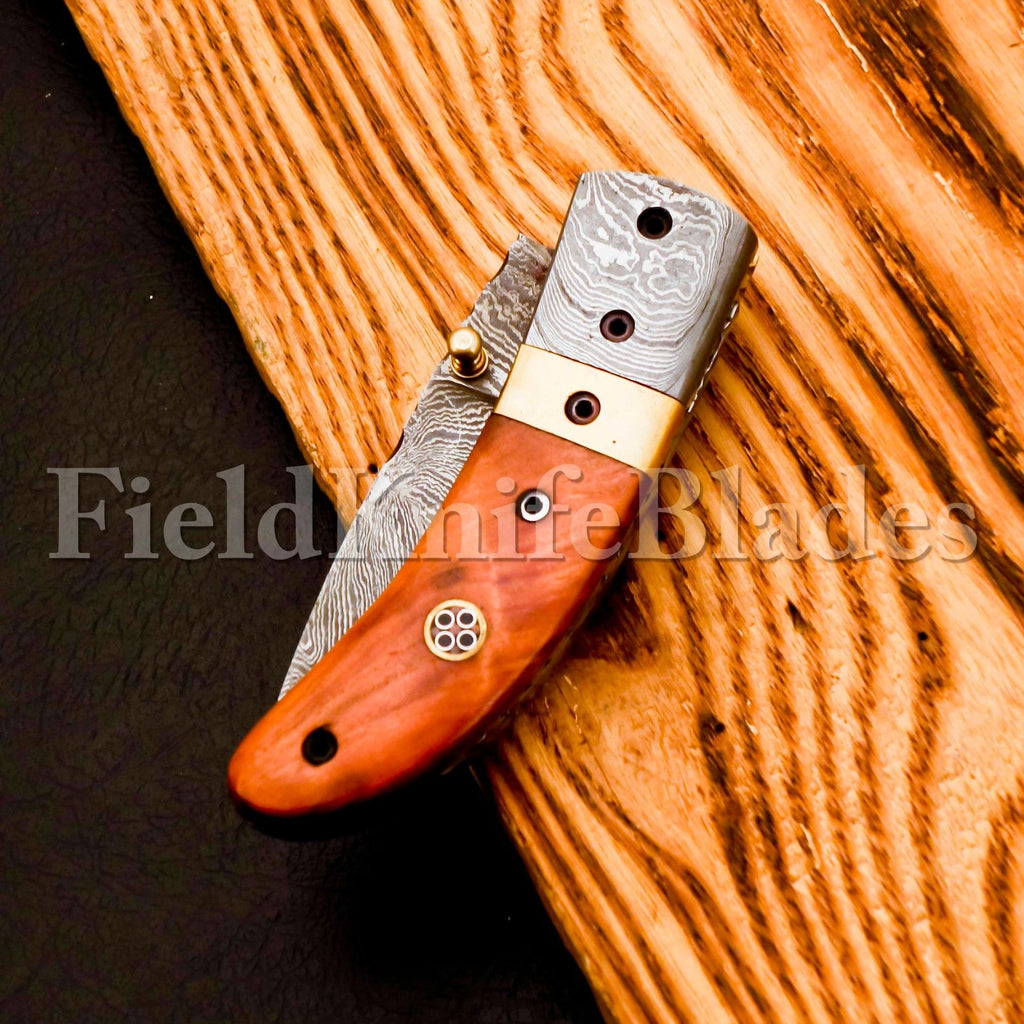 Custom Hand Forged Damascus knife Olive Wood handle with Leather Cover Camping Hunting Folding Knife Groomsmans Gift