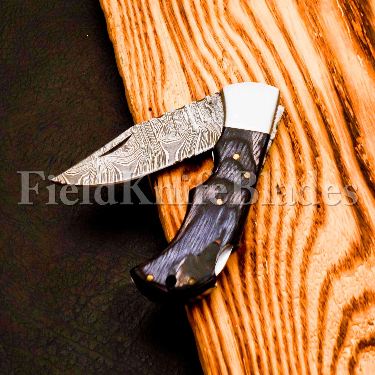 Custom Hand Forged Damascus knife Wood handle with Leather Cover Camping Hunting Folding Knife Back lockCustom Hand Forged Damascus knife Olive Wood handle with Leather Cover Camping Hunting Folding Knife Back lock