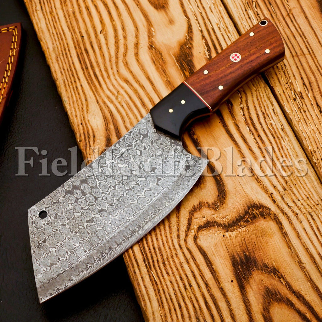 Personalized Damascus Steel Chef Kitchen Cleaver Knife Chef Knife Heavy Duty Handle Rose Wood with Leather Sheath