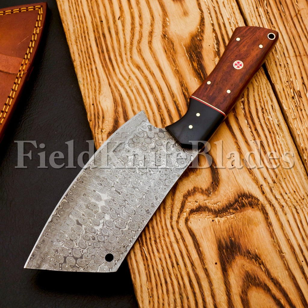 Personalized Damascus Steel Chef Kitchen Cleaver Knife Chef Knife Heavy Duty Handle Rose Wood with Leather Sheath