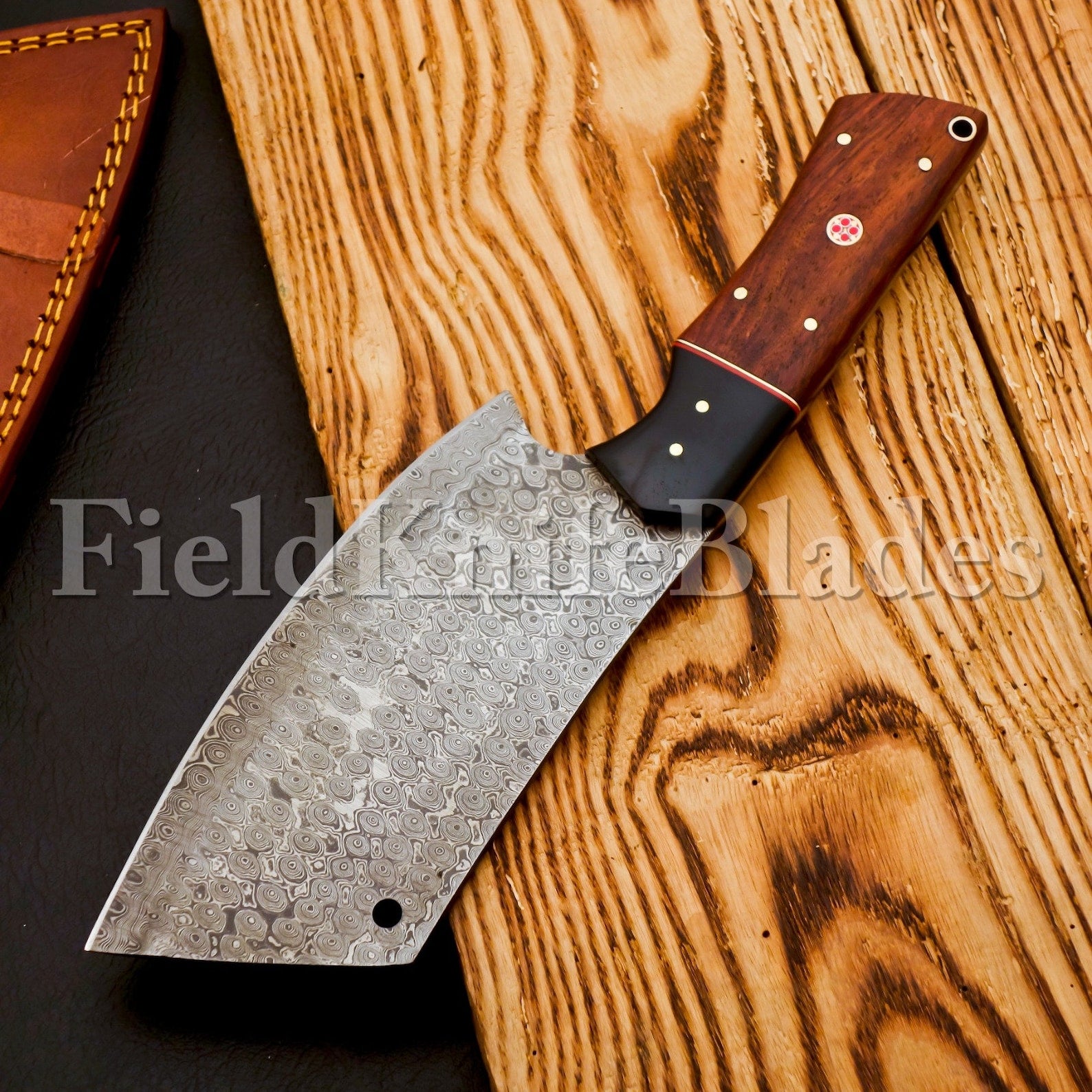 Personalized Damascus Steel Chef Kitchen Cleaver Knife Chef Knife Heavy Duty Handle Rose Wood with Leather Sheath