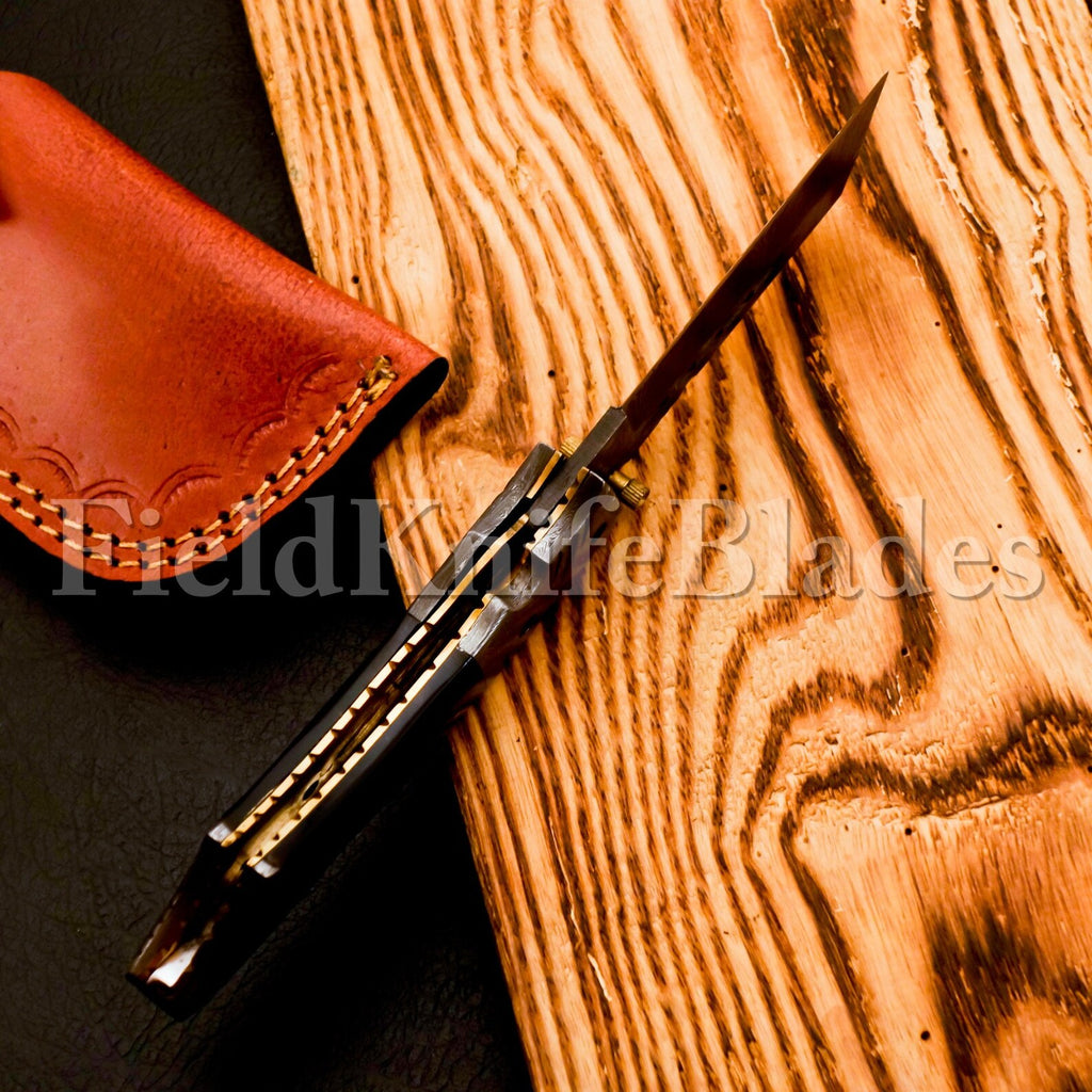 Custom Hand Forged Damascus Tonto knife with Leather Cover Camping Hunting Folding Knife Liner lock Hunting knife
