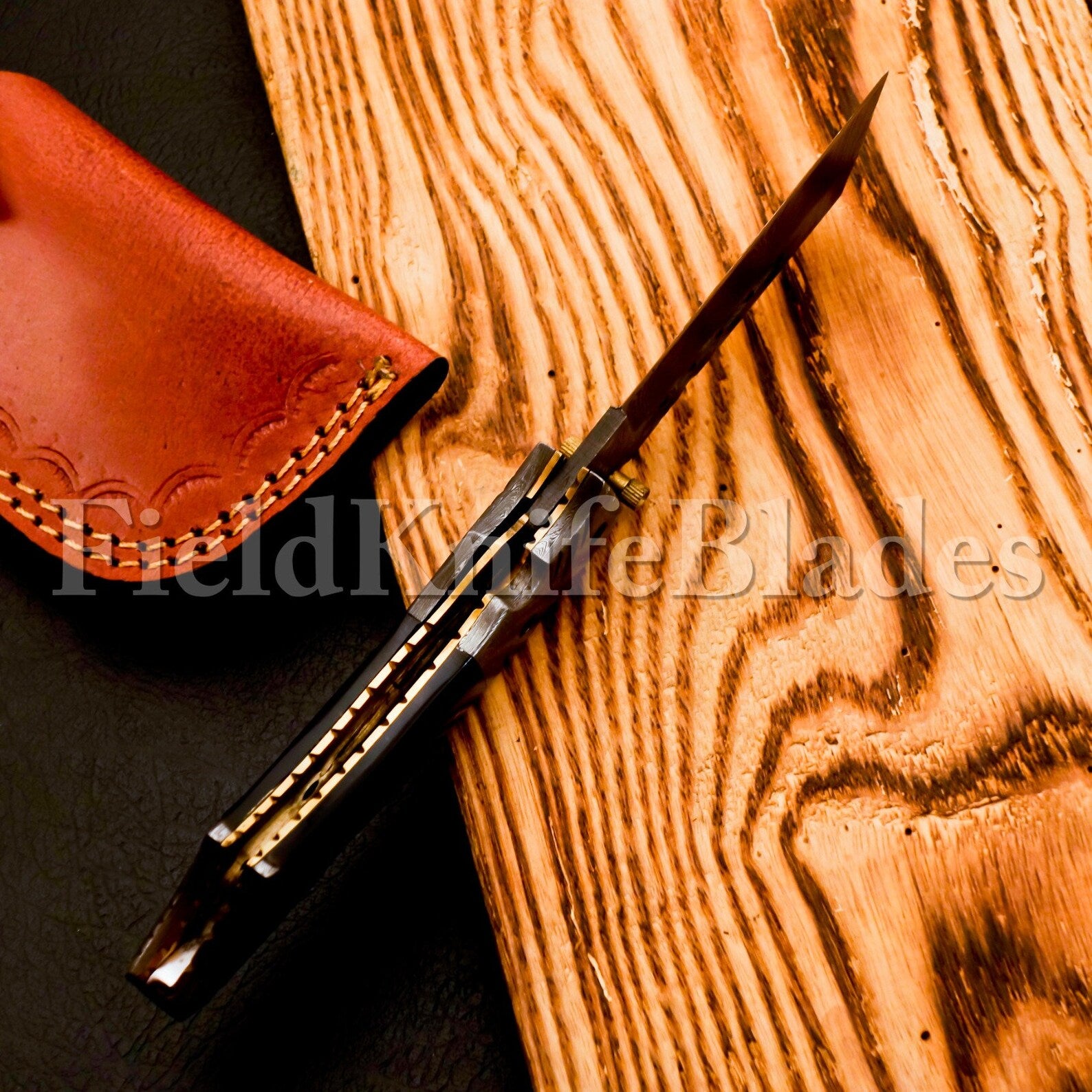 Custom Hand Forged Damascus Tonto knife with Leather Cover Camping Hunting Folding Knife Liner lock Hunting knife