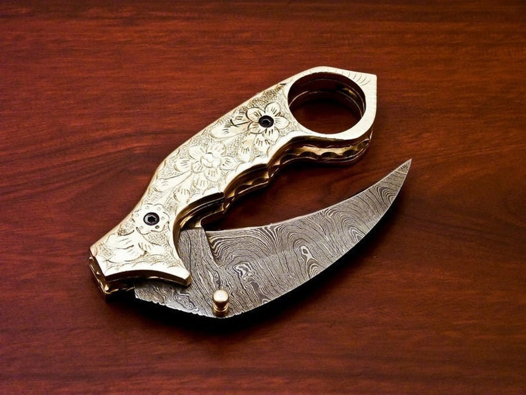 Damascus Folding Pocket knife Karambit Knife Hunting knife Handle Brass Steel Folding With Leather Sheath