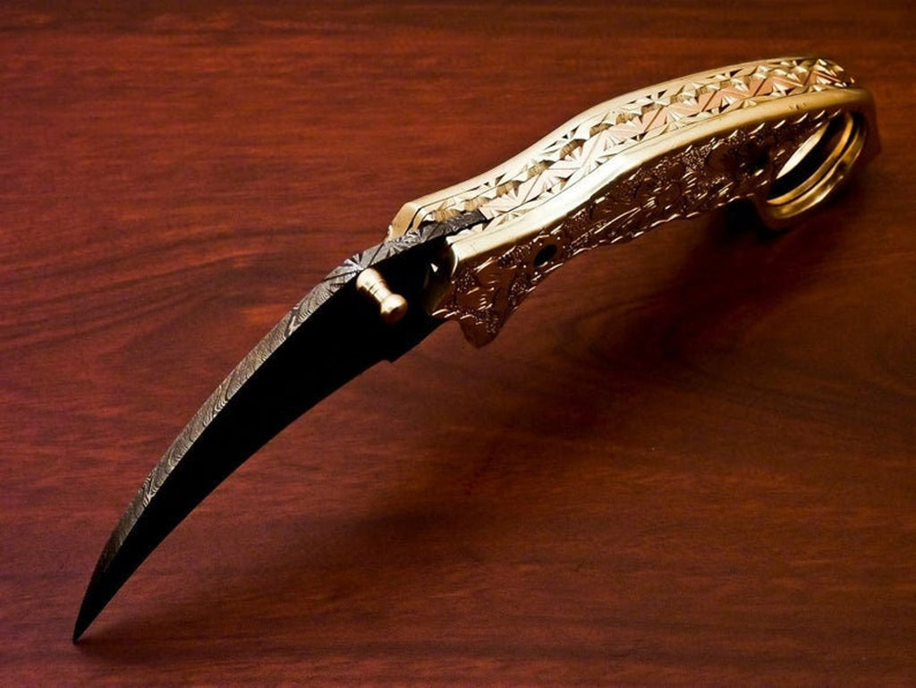 Damascus Folding Pocket knife Karambit Knife Hunting knife Handle Brass Steel Folding With Leather Sheath