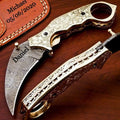 Damascus Folding Pocket knife Karambit Knife Hunting knife Handle Brass Steel Folding With Leather Sheath