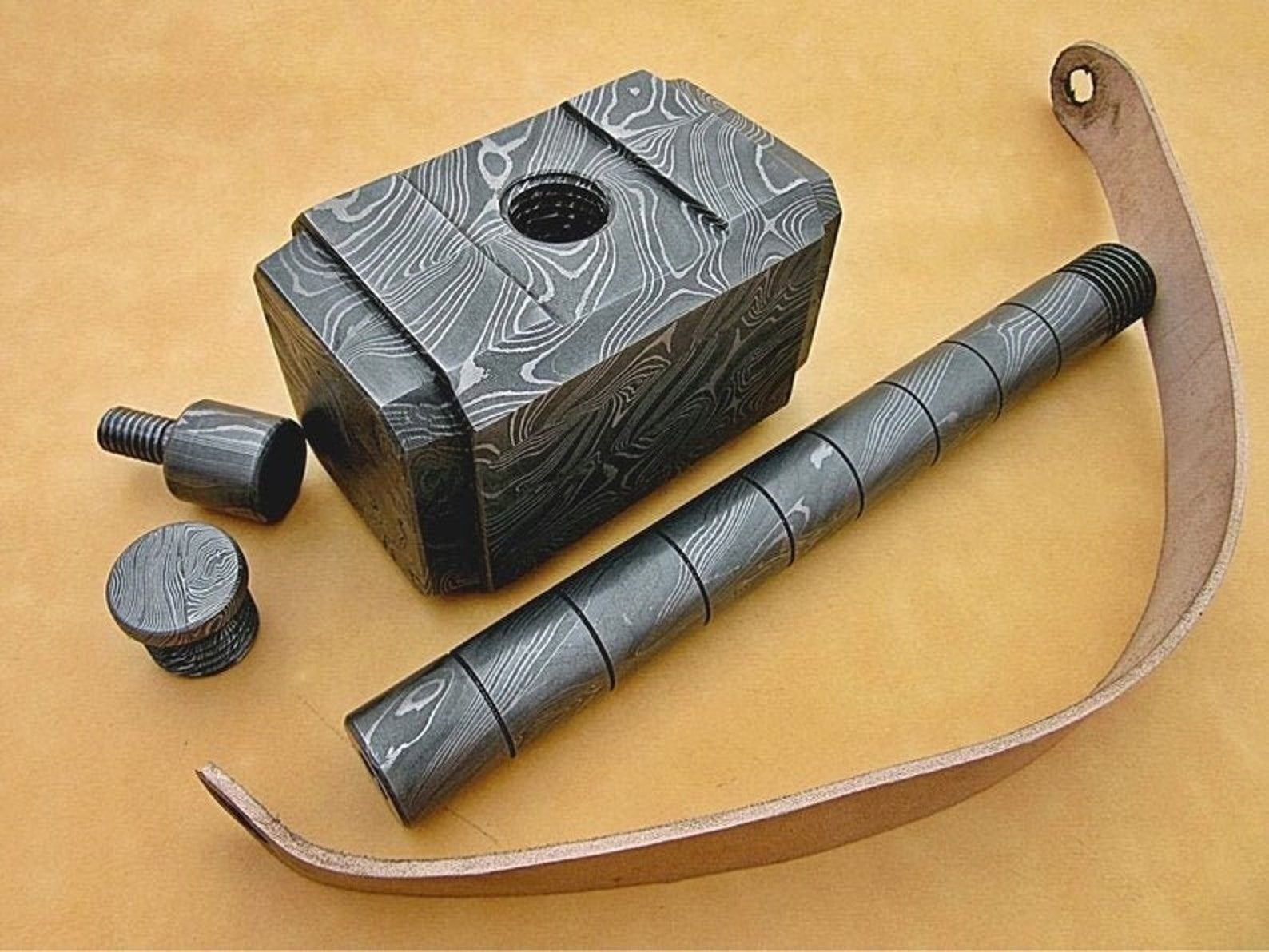 Personalized 13" Damascus Steel 15 Pound Real THOR Hammer Hand Forged Damascus Steel with leather sheath