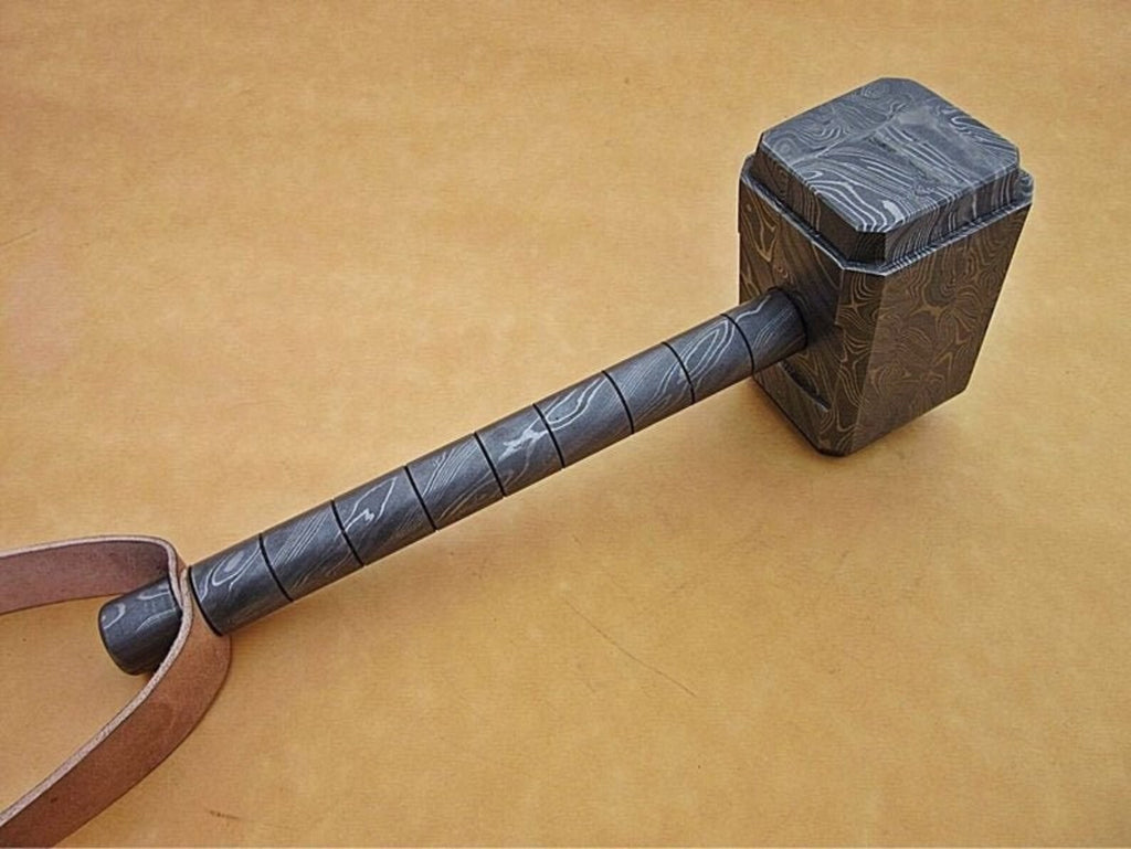 Personalized 13" Damascus Steel 15 Pound Real THOR Hammer Hand Forged Damascus Steel with leather sheath