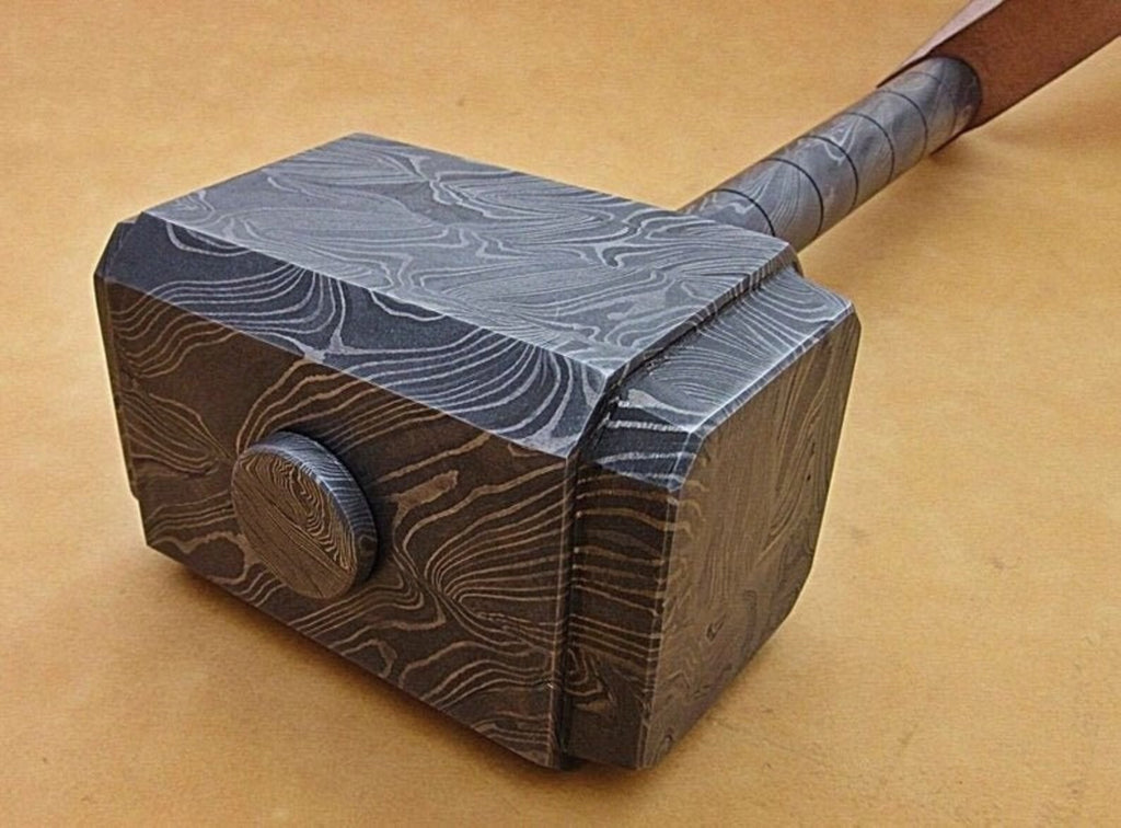 Personalized 13" Damascus Steel 15 Pound Real THOR Hammer Hand Forged Damascus Steel with leather sheath