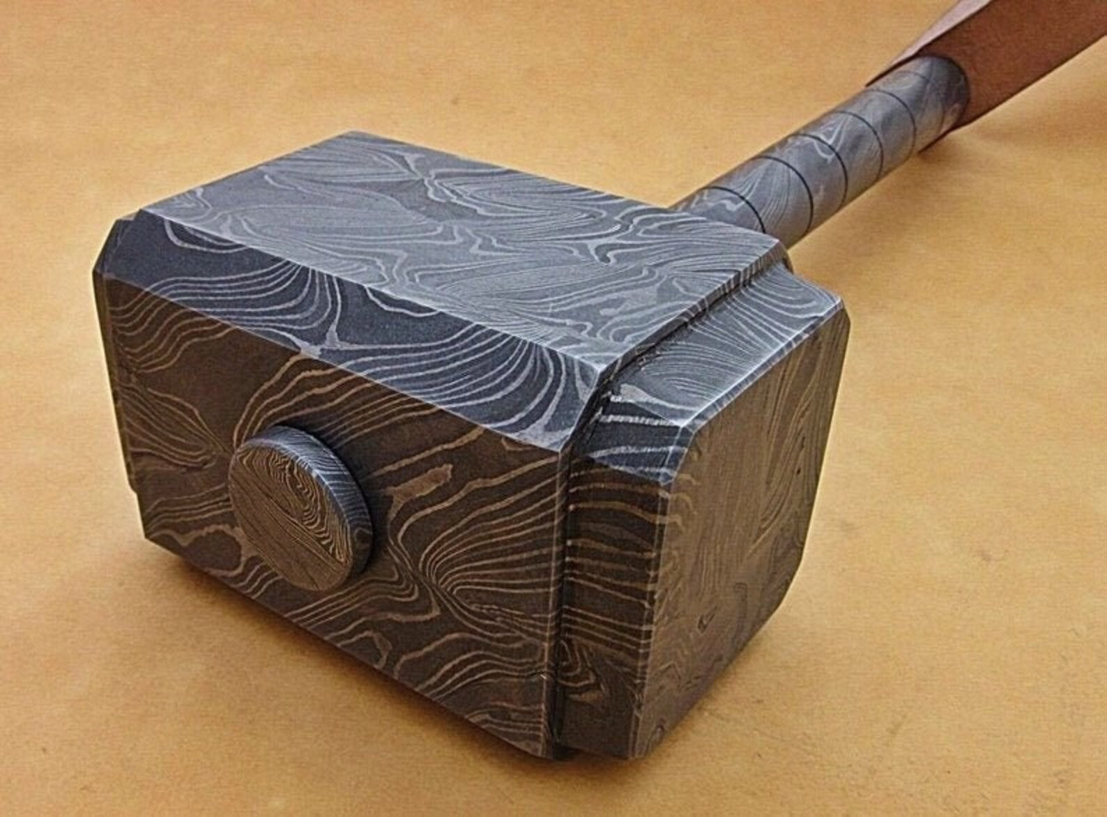 Personalized 13" Damascus Steel 15 Pound Real THOR Hammer Hand Forged Damascus Steel with leather sheath
