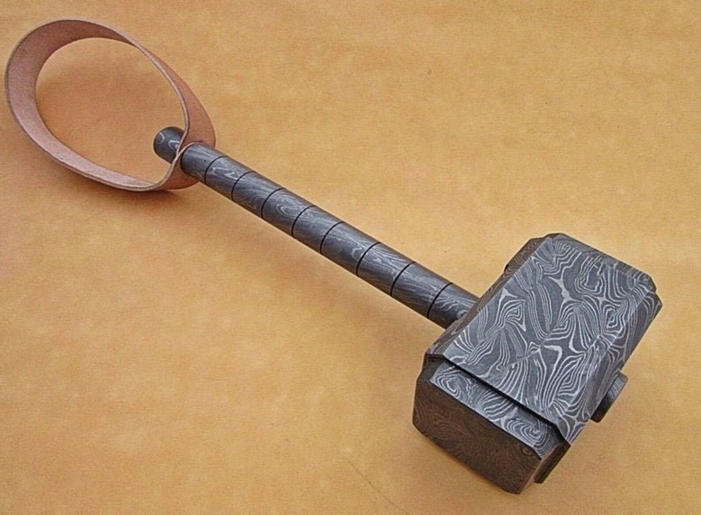 Personalized 13" Damascus Steel 15 Pound Real THOR Hammer Hand Forged Damascus Steel with leather sheath
