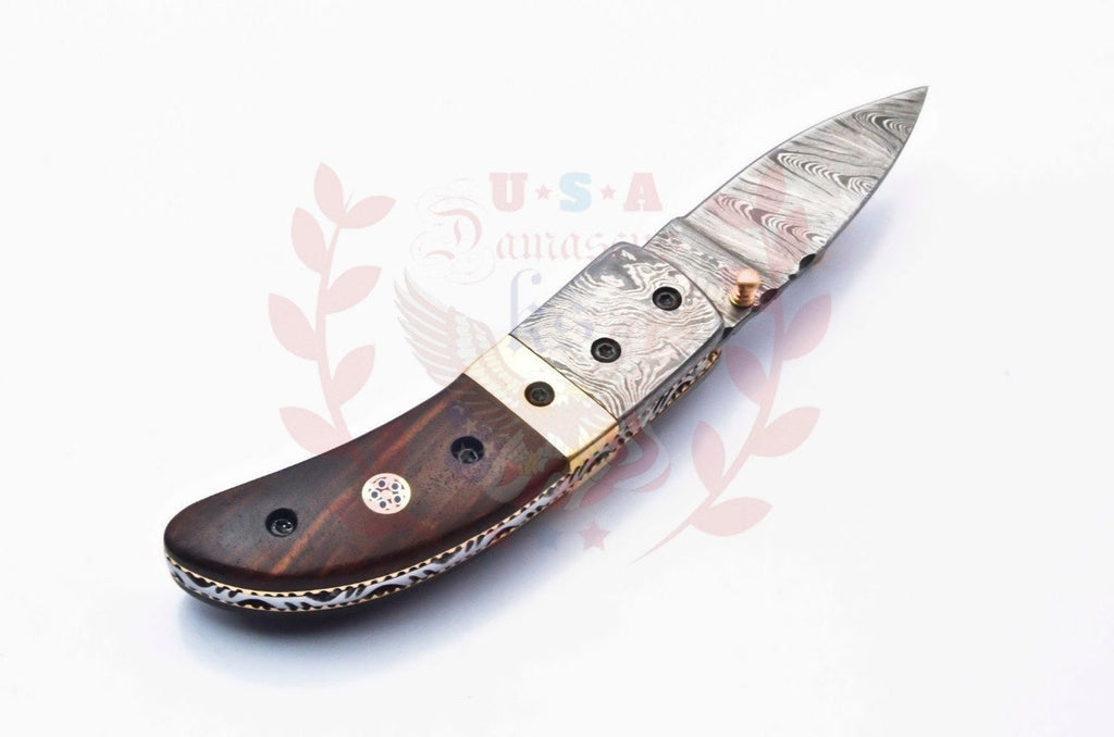 Damascus Folding Pocket knife Karambit Knife Hunting knife Handle Brass Steel Folding With Leather Sheath