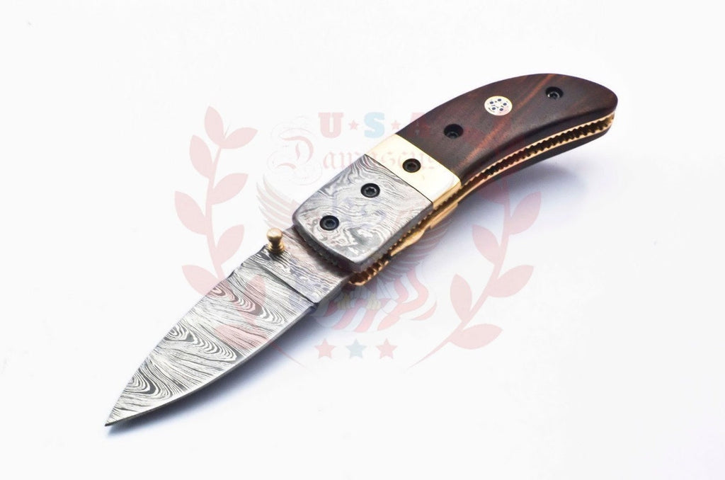 Damascus Folding Pocket knife Karambit Knife Hunting knife Handle Brass Steel Folding With Leather Sheath