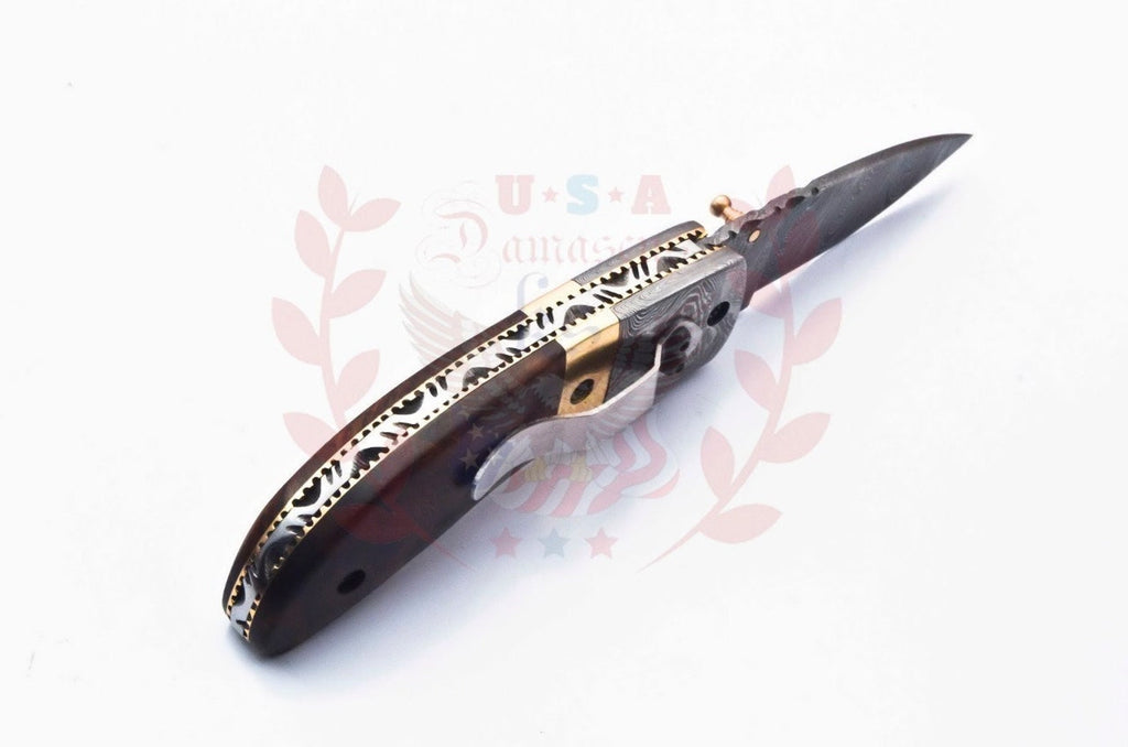 Damascus Folding Pocket knife Karambit Knife Hunting knife Handle Brass Steel Folding With Leather Sheath