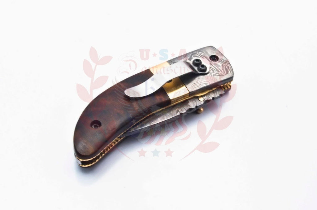 Damascus Folding Pocket knife Karambit Knife Hunting knife Handle Brass Steel Folding With Leather Sheath