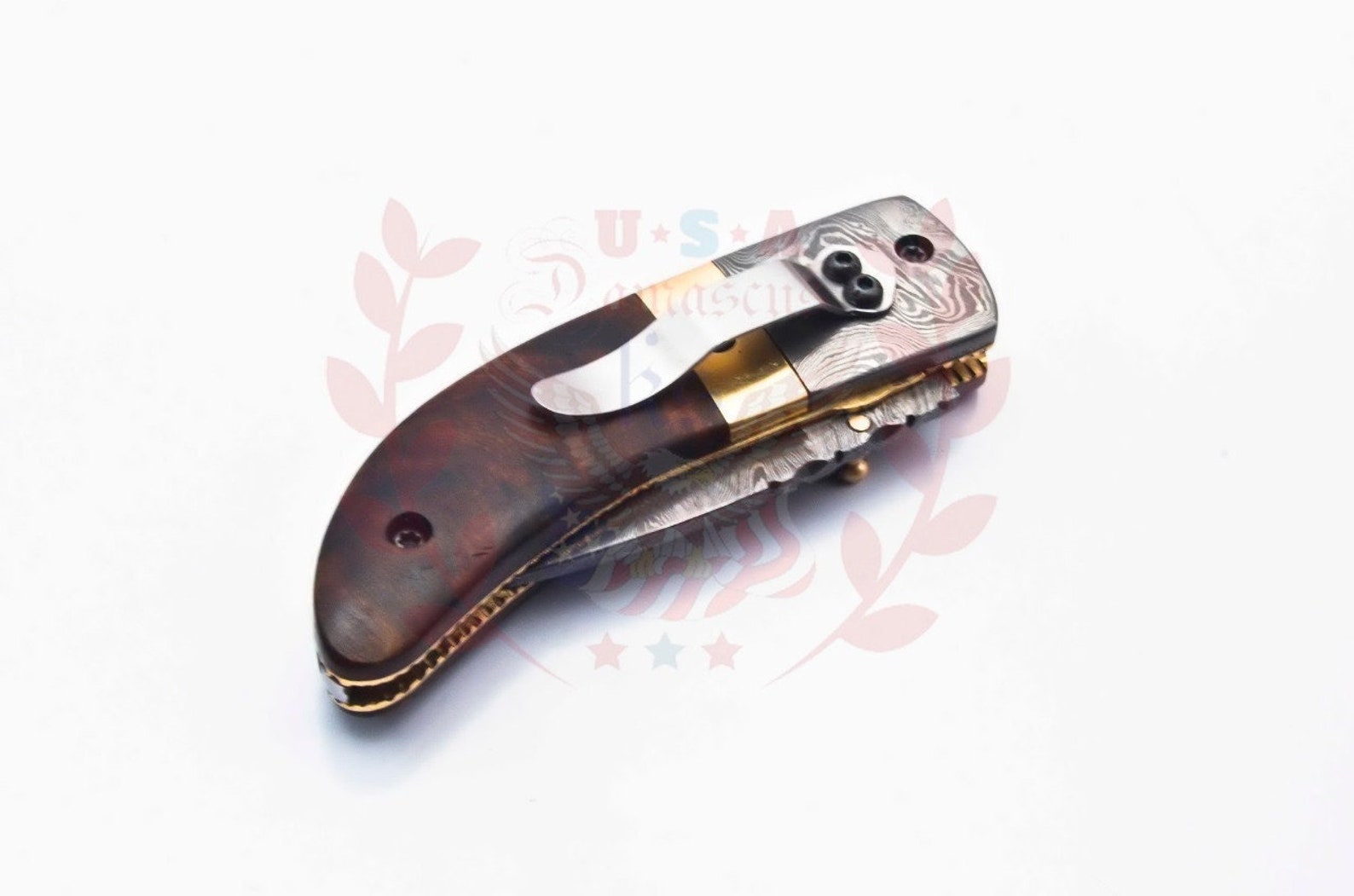 Damascus Folding Pocket knife Karambit Knife Hunting knife Handle Brass Steel Folding With Leather Sheath