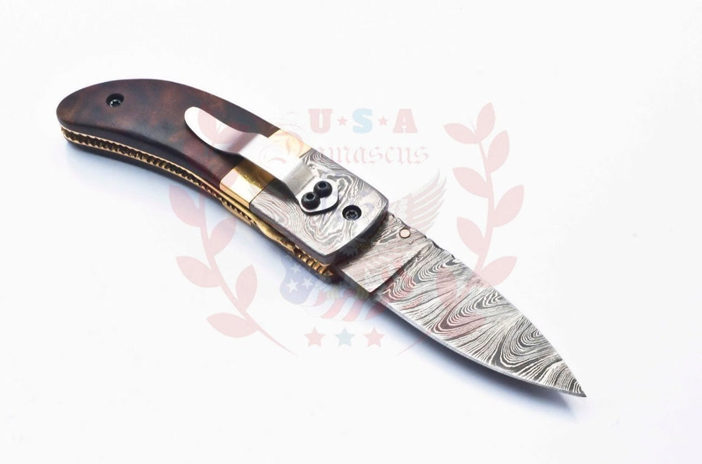 Damascus Folding Pocket knife Karambit Knife Hunting knife Handle Brass Steel Folding With Leather Sheath