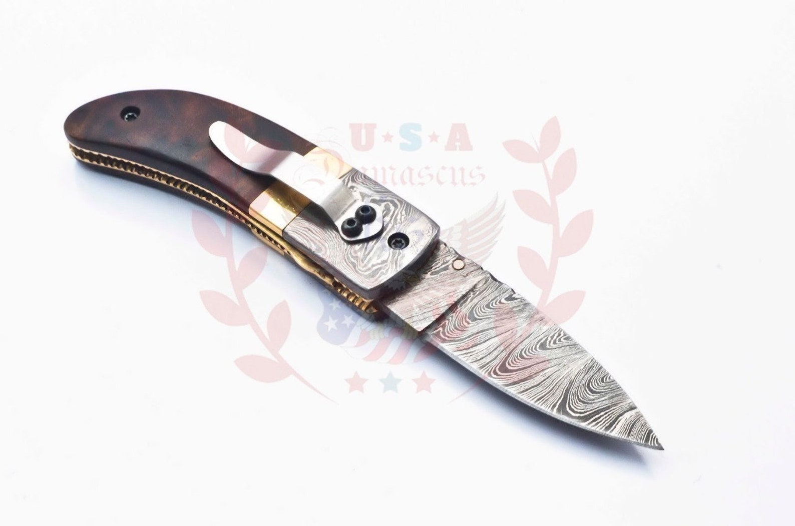 Damascus Folding Pocket knife Karambit Knife Hunting knife Handle Brass Steel Folding With Leather Sheath