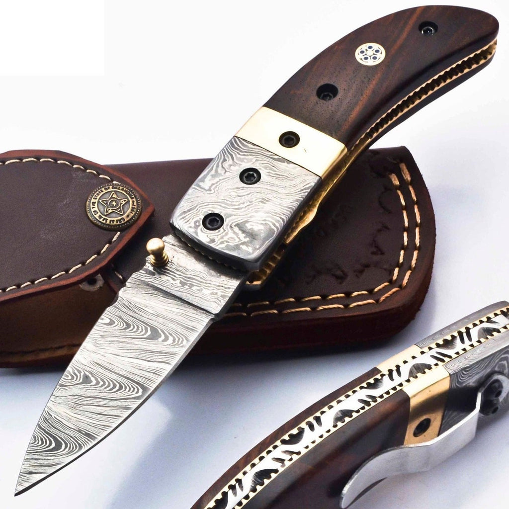 Damascus Folding Pocket knife Karambit Knife Hunting knife Handle Brass Steel Folding With Leather Sheath