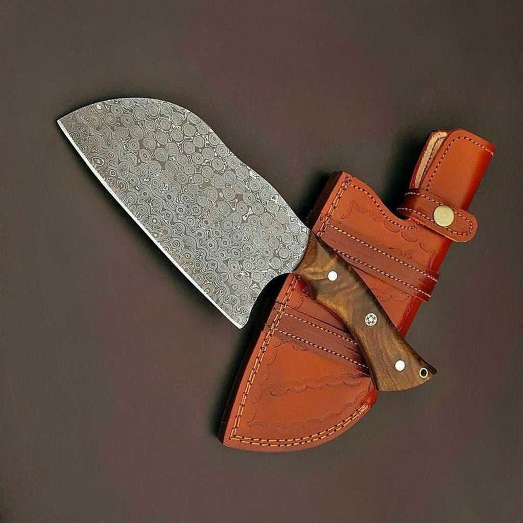 Personalized Damascus Steel Cleaver Chopper Chef Kitchen Knife Heavy Duty Damascus Handle Walnut Wood with Leather Sheath