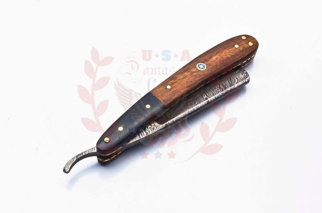 Personalized Damascus Folding Pocket Custom Blade Straight Razor very sharp with leather sheath