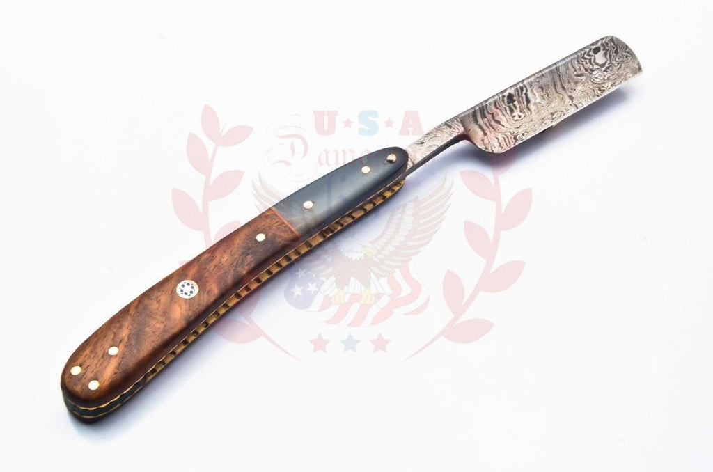 Personalized Damascus Folding Pocket Custom Blade Straight Razor very sharp with leather sheath