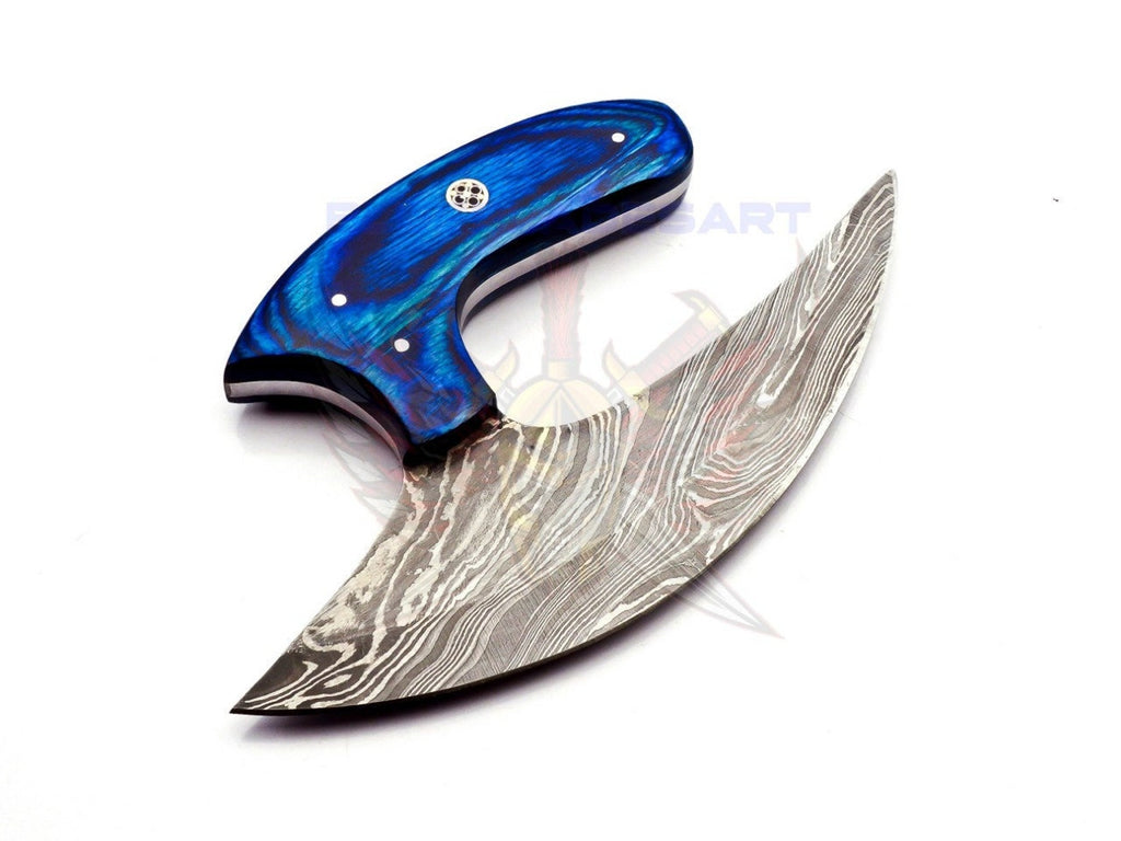 Personalized Damascus Chef Kitchen Ulu Knife Chef Knife Heavy Duty Damascus Handle Blue Koa Wood with Leather Sheath Mother's Day Gift