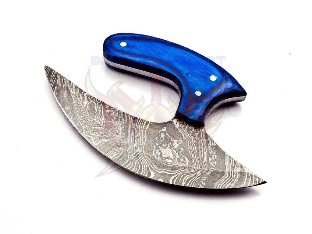 Personalized Damascus Chef Kitchen Ulu Knife Chef Knife Heavy Duty Damascus Handle Blue Koa Wood with Leather Sheath Mother's Day Gift