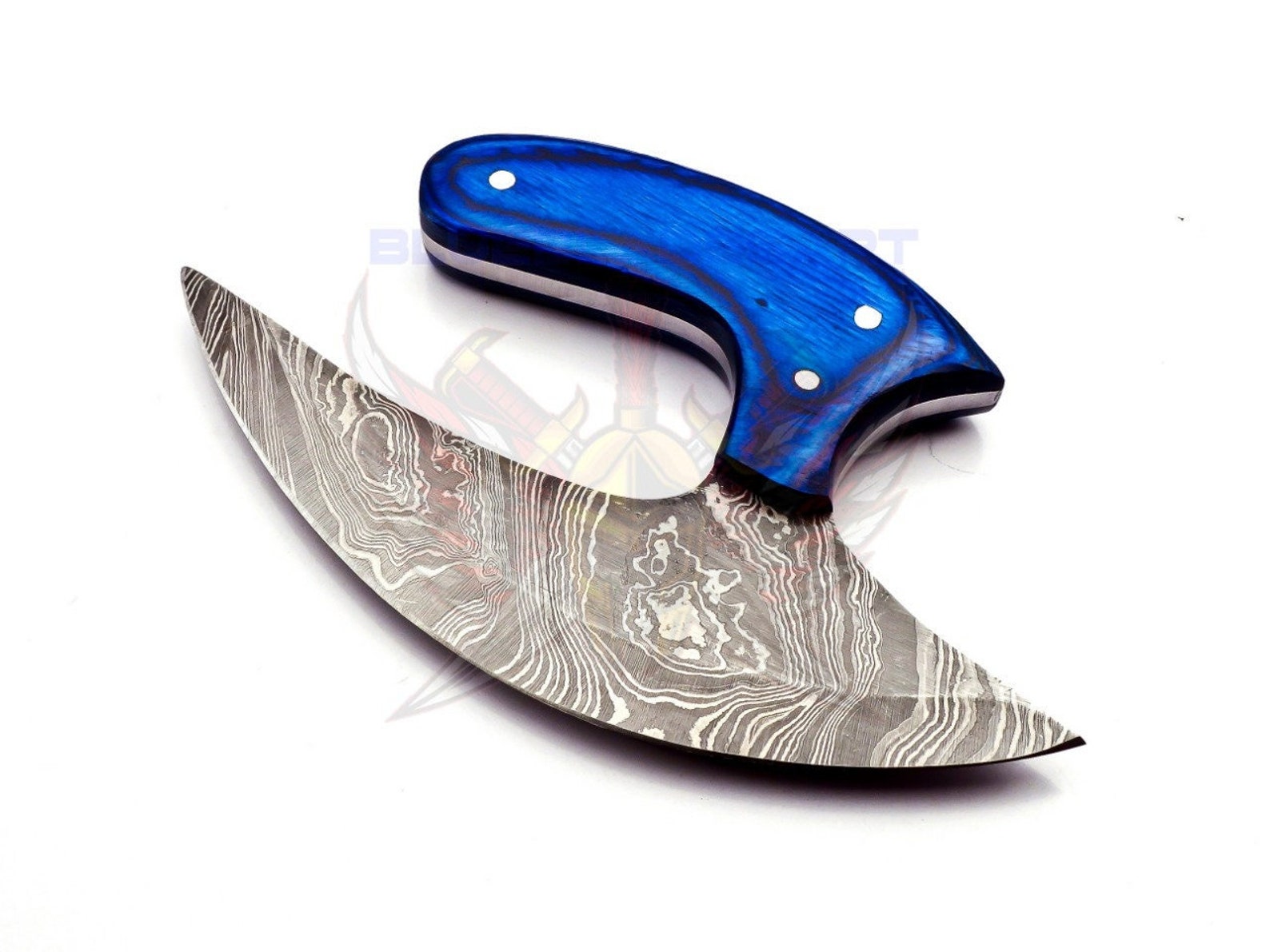 Personalized Damascus Chef Kitchen Ulu Knife Chef Knife Heavy Duty Damascus Handle Blue Koa Wood with Leather Sheath Mother's Day Gift
