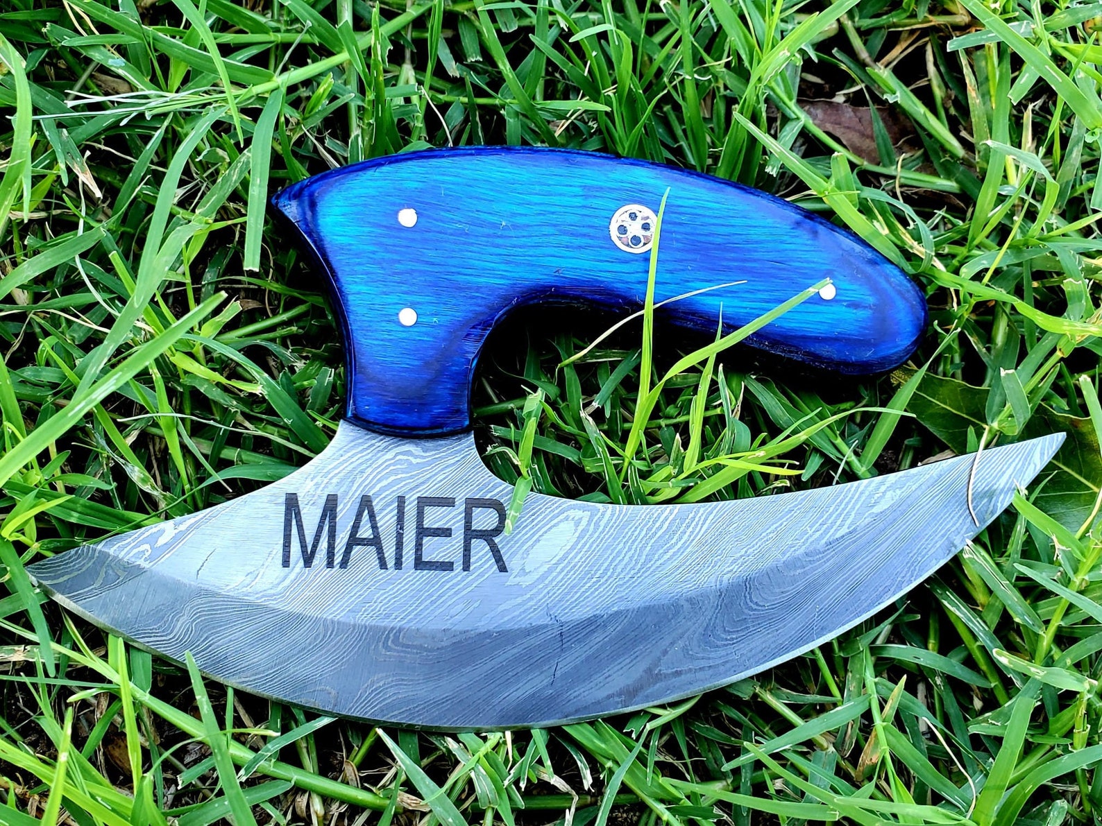 Personalized Damascus Chef Kitchen Ulu Knife Chef Knife Heavy Duty Damascus Handle Blue Koa Wood with Leather Sheath Mother's Day Gift