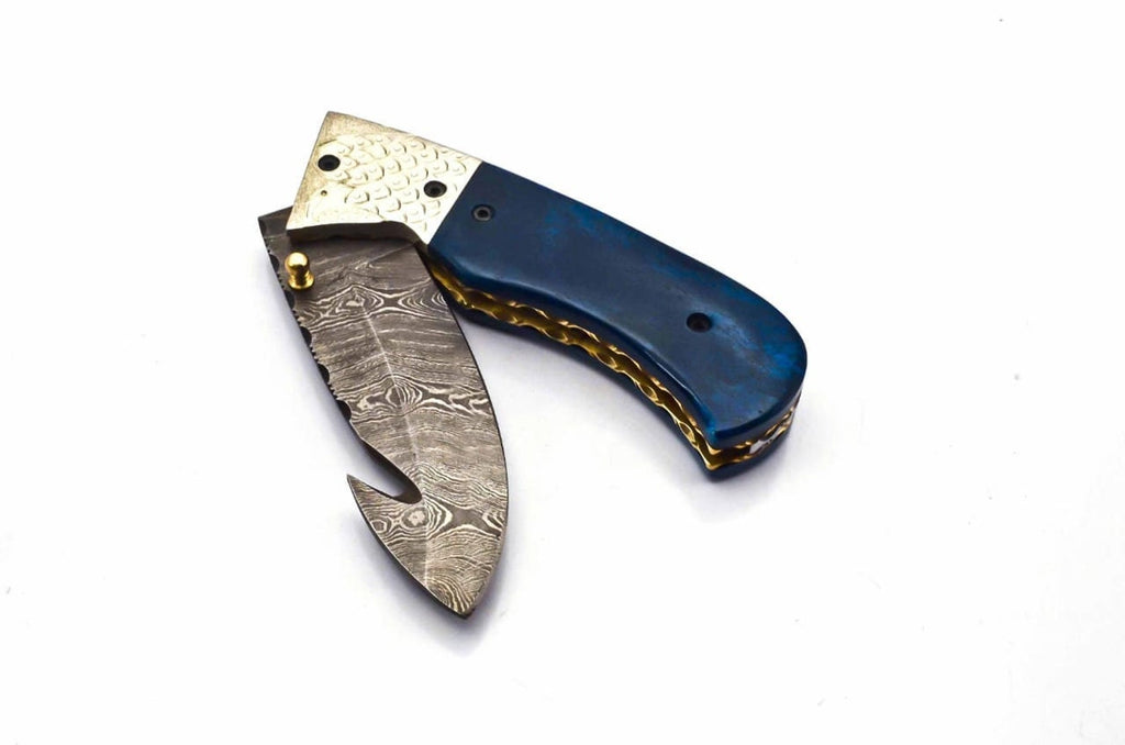 Personalization Custom Hand Made Damascus Steel Folding Pocket Knife with Handle Paka Wood with Leather Sheeth