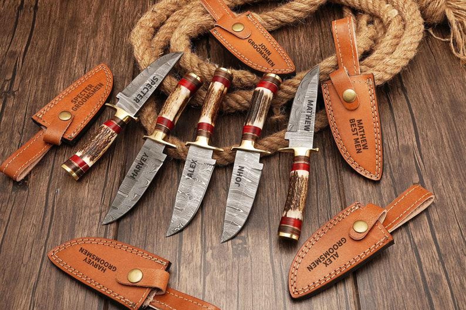 Personalized Set of Groomsmen Damascus Steel Hunting knife Handle Deer Antler