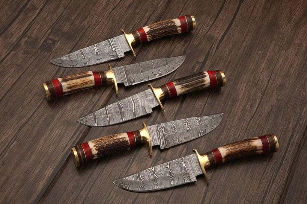 Personalized Set of Groomsmen Damascus Steel Hunting knife Handle Deer Antler