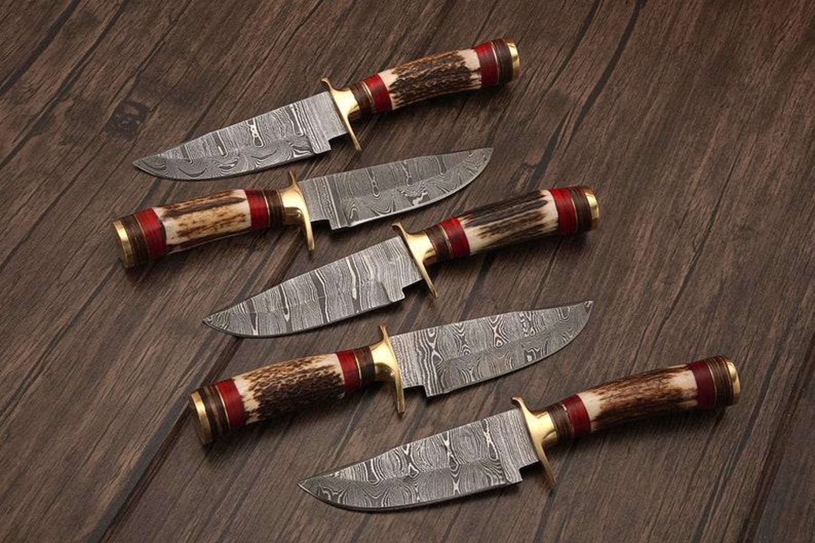 Personalized Set of Groomsmen Damascus Steel Hunting knife Handle Deer Antler
