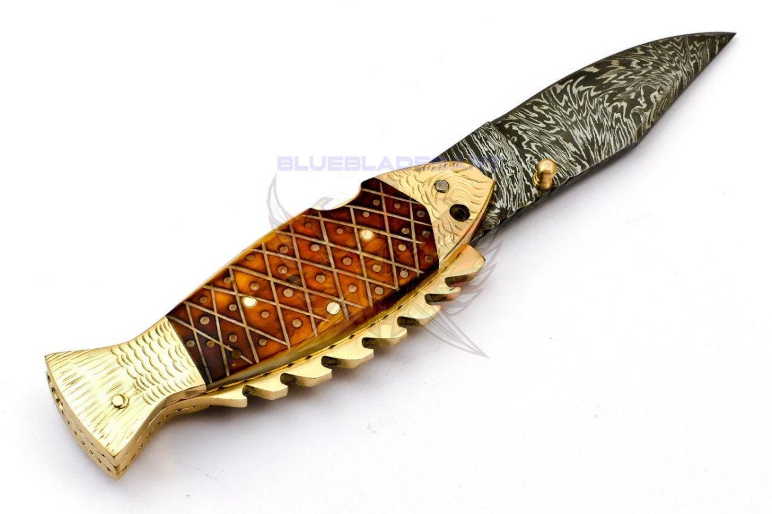 Personalized Custom Damascus Steel Folding knife Fish knife Pocket Knife Handle Makarta Sheet Best Gift with Leather Sheath