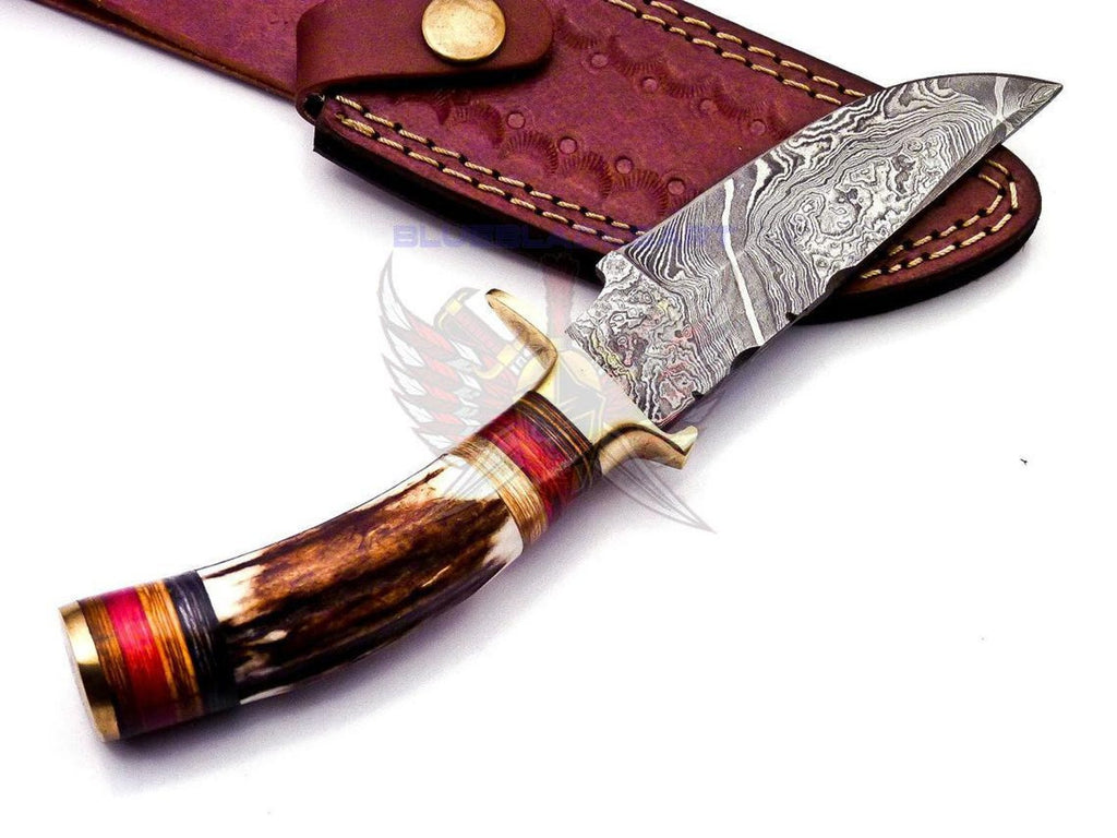 Personalized 6" Damascus Steel Hunting knife Groomsmen Gifts for Wedding, Handle Deer Antler
